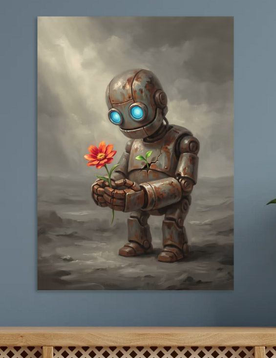 Rusty Robot Holding a Flower — metal poster wall art by Lineer